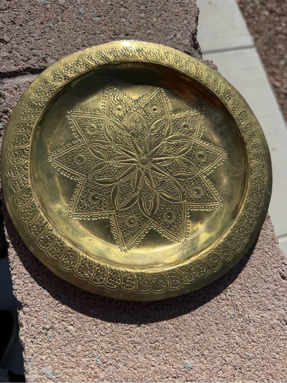 Vintage Moroccan Brass Wall Tray | Hand Engraved 8-Point Star Medallion